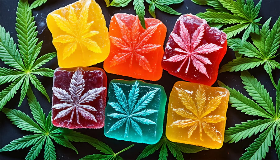 A variety of colorful THC gummies with cannabis leaves in the background