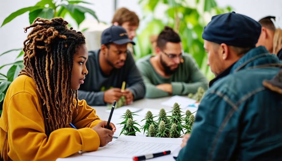 People participating in an educational workshop focused on sustainable cannabis practices