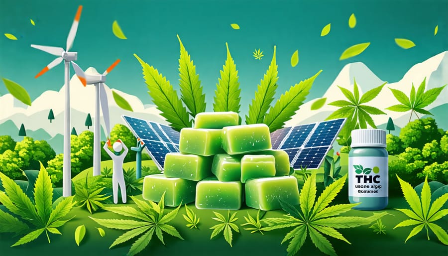 Conceptual illustration of eco-friendly THC gummies surrounded by cannabis leaves, renewable energy symbols, and community engagement, emphasizing sustainability in the cannabis industry.