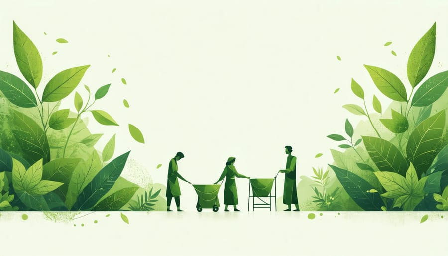 An illustration depicting kratom leaves and villagers using them in traditional practices