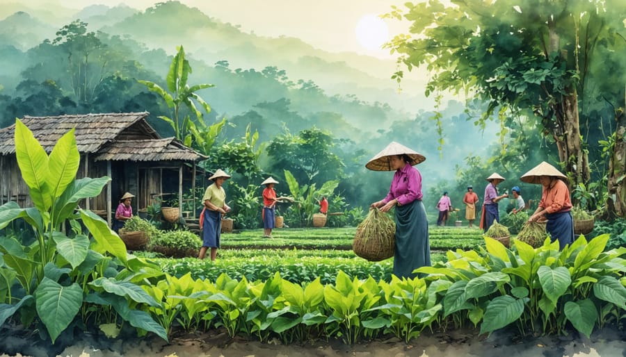 An illustrative depiction of a Southeast Asian community engaging in sustainable kratom harvesting, showcasing traditional farming techniques and rich biodiversity.