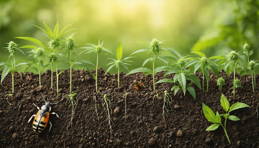 Healthy living soil ecosystem showing diverse plant life and beneficial insects in cannabis growing