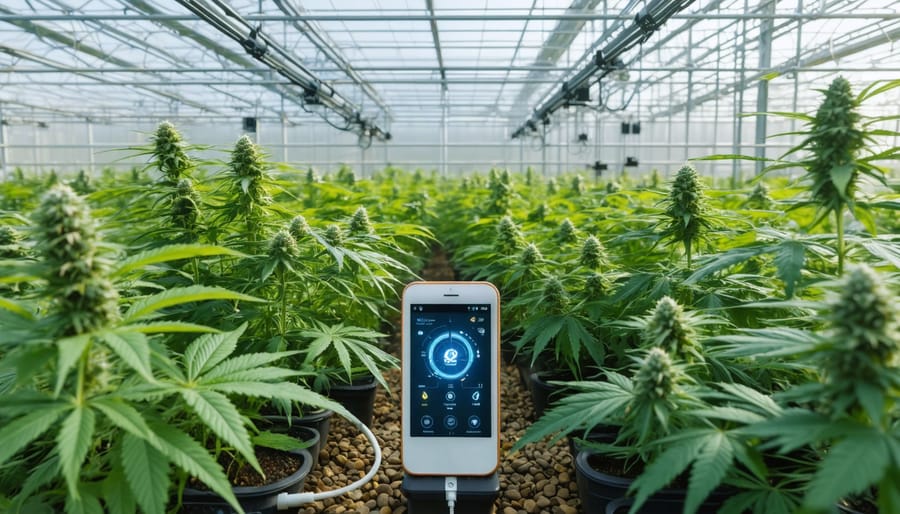 A modern greenhouse showcasing sustainable cannabis cultivation with LED lighting, smart irrigation systems, and solar power, emphasizing environmental stewardship and technology.